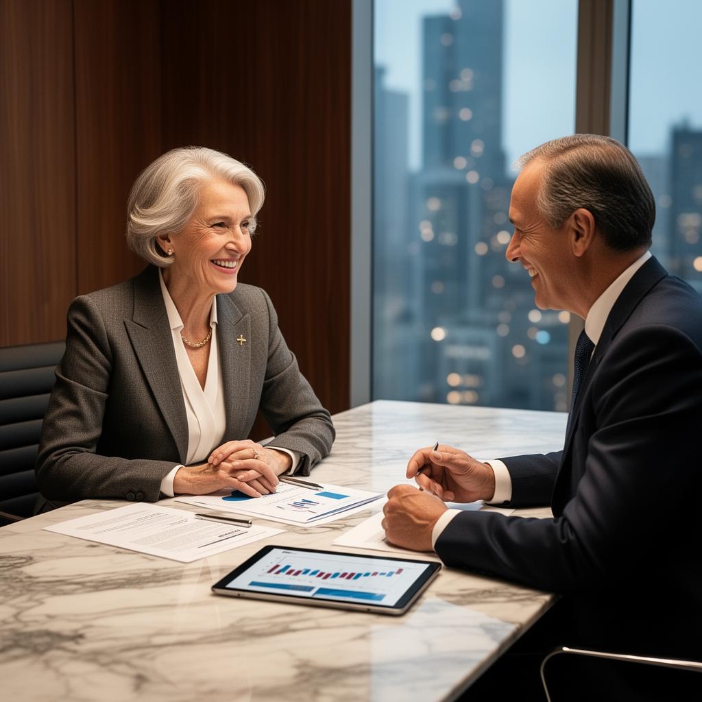 Senior female NDA advisor in a confidential one-on-one boardroom briefing with a distinguished client across a polished marble table, reviewing finance charts on a tablet with the city skyline at dusk in the background
